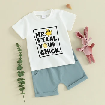 Пасхальные наряды для мальчика из 2 предметов, топы с короткими рукавами и шортами с буквенным принтом цыпленка, комплект одежды для новорожденных 4