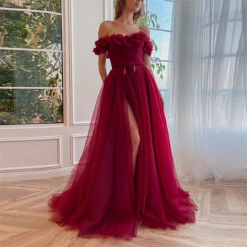 Платье для выпускного вечера Ruolai с открытыми плечами Красного цвета, Вечерние платья Трапециевидной формы с разрезом по ногам, Элегантное Вечернее платье с 3D цветами и поясом L32 1