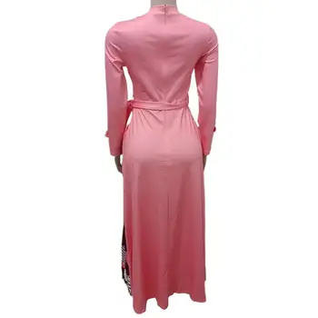 Платье с круглым вырезом, макси-платье с геометрическим принтом, с поясом на высокой талии, свободный подол, Женское вечернее платье трапециевидной формы с длинным рукавом, высокое качество 15