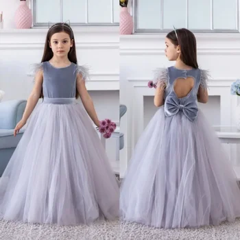 Платья для девочек-цветочниц из тюля длиной до пола с перьями, бальное платье принцев для первого причастия, выпускной бал, мода 2023 г. 4