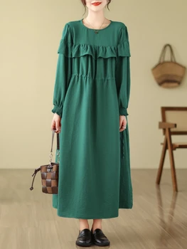 Платья для женщин 2024, Новинка сезона Весна-лето, однотонное платье оверсайз с круглым вырезом, свободное зеленое платье с длинным рукавом, женская одежда, халат 2
