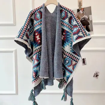 Плащ-пончо, туристическая шаль, осенне-зимние вязаные накидки в этническом стиле, высококачественный внешний шарф нового стиля, разрезная женская шаль 18