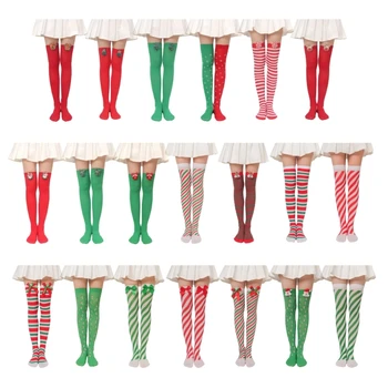 Полосатые носки выше колена, Рождественские Праздничные мультяшные 3D плюшевые игрушки, чулки до бедра с бантом, чулочно-носочные изделия для женщин и девочек