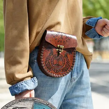 Портативная поясная сумка с тиснением в скандинавском стиле, ретро Средневековая боковая сумка из искусственной кожи, винтажная поясная сумка, кожаная сумка на шнурке, кошелек для монет 6