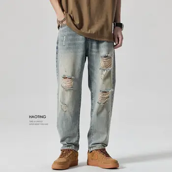 Потертые джинсы в американском ретро стиле, мужские свободные брюки, повседневные и универсальные брюки для весенних и летних рваных джинсов 7