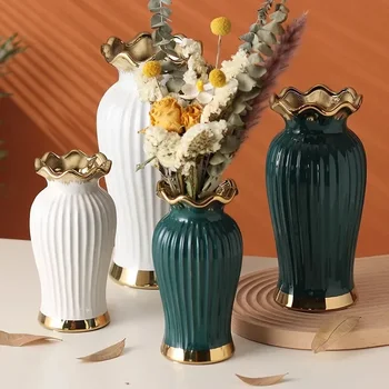 Простая керамическая ваза, золотой якорь, рот из листьев лотоса, креативное украшение для воды, украшение обеденного стола в гостиной 11