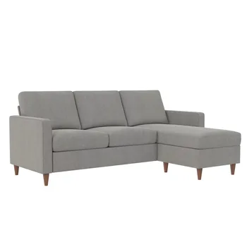 Реверсивный секционный диван с пружинными подушками, светло-серый лен, Г-образные диваны для гостиной 15