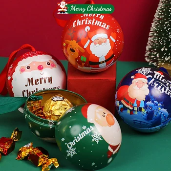 Рождественская Жестяная коробка для конфет, Подарочная коробка для конфет, Круглая Мини-коробка с принтом в форме шара, Детские Принадлежности для подвешивания на елку 14