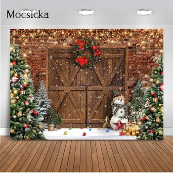 Рождественская снежная сцена, портретный фон для фотосъемки двери сарая, Ретро кирпичная стена, Фотосессия, Студийная фотосессия 9