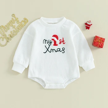 Рождественский комбинезон для детей 0-18 месяцев, осенний белый комбинезон с круглым вырезом и вышивкой букв, Вафельное боди для новорожденных девочек и мальчиков 16