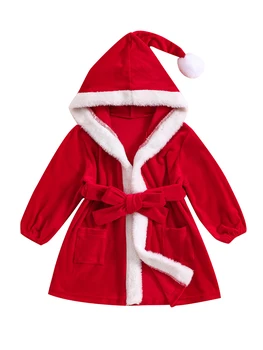 Рождественский халат для маленьких девочек, бархатный халат с капюшоном контрастного цвета, пушистый, с длинным рукавом