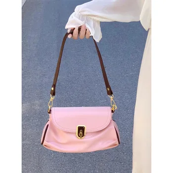 Розово-розовая нежная сумка для подмышек Женская контрастная плиссированная сумка из искусственной мягкой кожи на одно плечо, красивая белая сумка через плечо 7