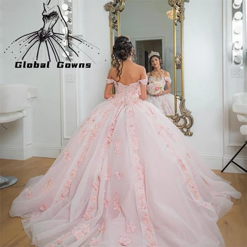 Розовое бальное платье принцессы с открытыми плечами, пышное платье для девочек, расшитое бисером, 3D цветы, платья для дня рождения, платья для выпускного вечера на шнуровке 7