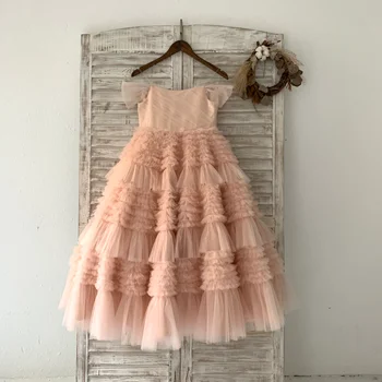 Розовое тюлевое свадебное платье с открытыми плечами для девочек в цветочек, детское праздничное платье, платье принцессы на день рождения 3