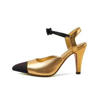 Роскошные брендовые пикантные золотые босоножки на высоком каблуке с необычными шипами, женские вечерние туфли-лодочки из натуральной кожи с острым носком. 8