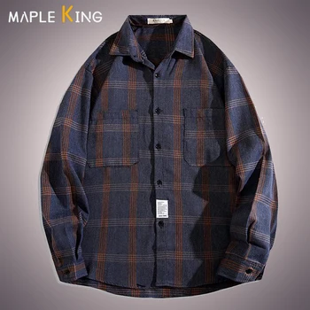 Рубашки в клетку Harajuku с двойным карманом для мужчин и женщин, винтажные офисные рубашки в стиле хип-хоп с длинным рукавом, пара уличной одежды, Блузы, топы 8