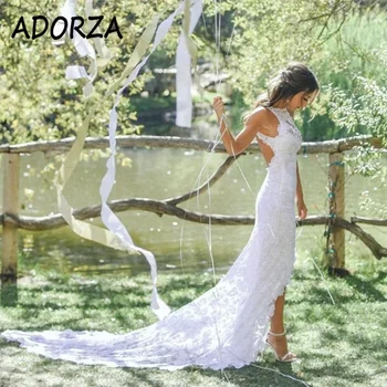 Свадебное платье ADORZA на бретелях с изысканными кружевными аппликациями, свадебное платье с вырезом на спине, шлейф 