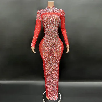 Сверкающее Красными Бриллиантами Вечернее платье Сексуальное платье для выпускного вечера Сетчатое Модное платье для свадьбы, Дня Рождения 17