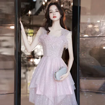 Сверкающее розовое вечернее платье, Милое платье-спагетти с перьями, платье для торта неправильной формы, вечернее платье, Тюлевая иллюзия, Длинное пышное платье 8