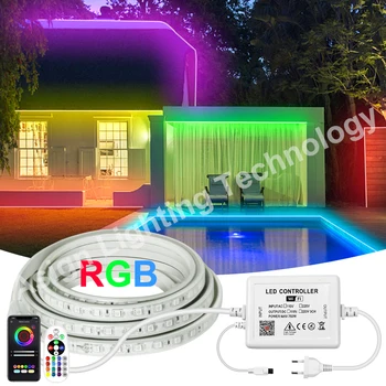 Светодиодная лента 220V RGB 5050 EU Plug Водонепроницаемая Гибкая лента IP67 Tuya Smart WiFi Bluetooth Пульт дистанционного управления для садового освещения 18