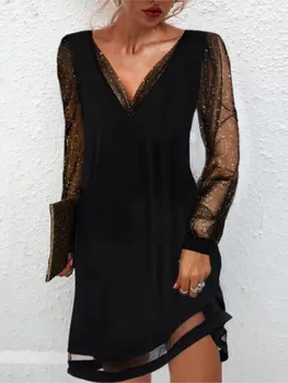 Сексуальные черные сетчатые платья с глубоким V-образным вырезом, модное платье миди с длинными рукавами и пайетками, осеннее элегантное женское платье для вечеринок 2024 года. 12