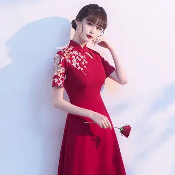 Сексуальный Улучшенный костюм для банкета, Ципао, Одежда для тостов, Традиционный Китайский стиль, Женское Бордовое вечернее платье с цветочной вышивкой 8