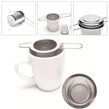 Сетчатый фильтр из нержавеющей стали, ситечко для чая, чашка, устройство для заварки чая, Листовой фильтр с крышкой, Две складные ручки, Аксессуары для чайной посуды