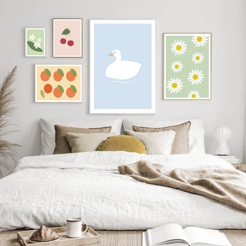 Скандинавский мультяшный плакат с фруктами, животными и цветами, Холст, картины для детской комнаты, Минималистичный Декор для детской комнаты, кухни и дома 13