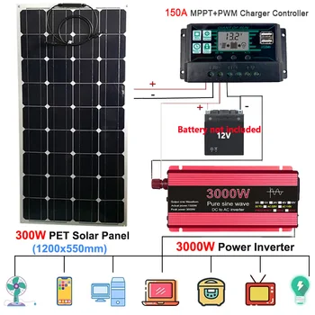Солнечная энергетическая система мощностью 3000 Вт от постоянного до переменного тока, 300 Вт Солнечная панель, контроллер заряда 150А, инвертор 110/220 В, зарядное устройство для аккумулятора, комплект для выработки электроэнергии 8