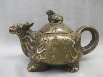 Старинная китайская медная ручная скульптура дракон черепаха мать и дитя чайник 10