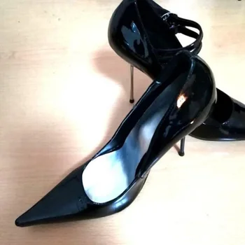 Стильные черные туфли-лодочки из лакированной кожи с серебристым металлическим каблуком, модельные туфли на шпильке с острым носком и ремешком на щиколотке, женские клубные модельные туфли 4