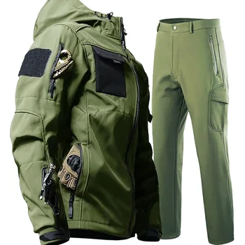 Тактическая военная флисовая куртка, комплекты брюк, мужской зимний костюм с несколькими карманами и капюшоном, Водонепроницаемые мягкие тепловые пальто, Одежда для охоты 5