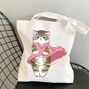 Тканевая сумка-тоут с милым кошачьим принтом, складные хозяйственные сумки для продуктов для женщин, школьные дорожные сумки через плечо
