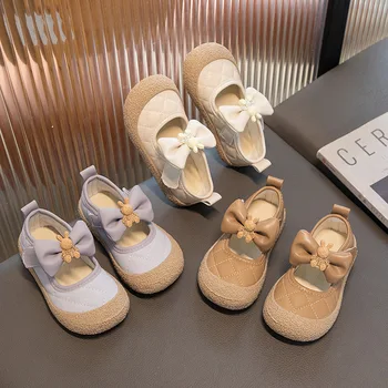 Удобная детская обувь 2023 Весна, Новая Кожаная обувь для девочек с корейским бантом, Модная обувь принцессы, Повседневная обувь на мягкой подошве, Детская обувь 8