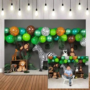 Фон для фотосъемки с изображением торта в сафари в джунглях, фон для фотобудки с портретами новорожденных, Лесные зеленые украшения из воздушных шаров 1