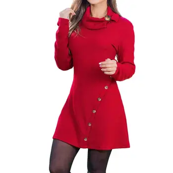 Черно-красное Элегантное зимнее платье для офиса с длинным рукавом, модные однотонные вечерние платья с круглым вырезом и пуговицами средней длины, украшенные пуговицами 6