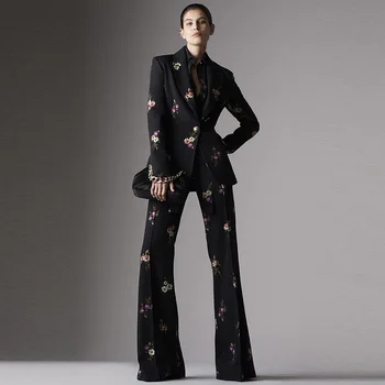 Черный женский костюм для свадебного ужина, модный комплект знаменитостей, элегантные брюки-клеш с вышивкой и принтом, комплект из двух предметов 16