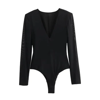 Черный короткий комбинезон TRAF для женщин, сексуальное тюлевое боди, женские элегантные слитные комплекты с V-образным вырезом, женская модная уличная одежда с длинными рукавами 17