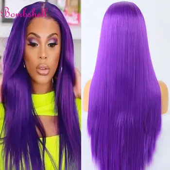 Шикарный Фиолетовый цвет, прямые синтетические парики на кружеве 13X4, Бесклеевые волосы из высококачественных термостойких волокон для женщин, парики 5