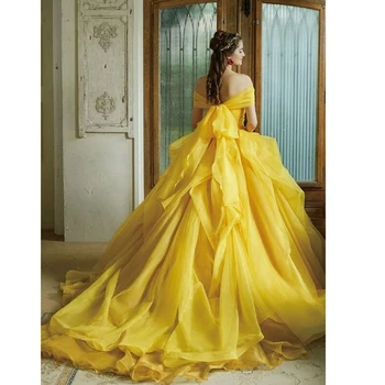 Элегантное женское желтое вечернее платье со шлейфом и бантом в виде сердца длиной до пола, пышные платья для дня рождения, Vestido Luxury 2023 5