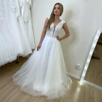 Элегантное свадебное платье без рукавов с глубоким V-образным вырезом и молнией сзади, платье невесты 2023, аппликации из тюля, шлейф Robe De Mariée