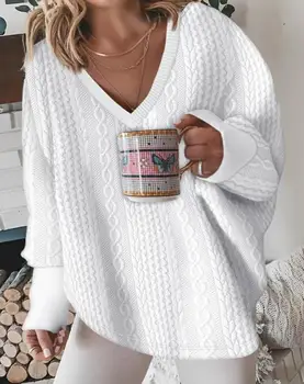 Элегантный женский пуловер 2023, белый топ с длинными рукавами, модный осенне-зимний топ с V-образным вырезом, повседневная блузка 18