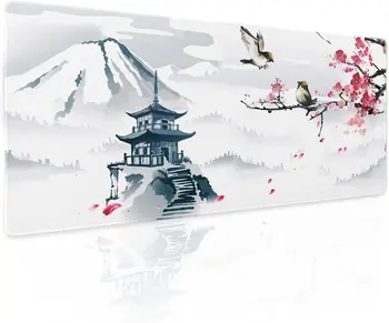 Японская Пагода Cherry Blossom Игровой Коврик Для Мыши XL Birds Sakura Branch Mountain Нескользящая Резиновая Основа С Прошитым Краем 31,5 × 11,8 дюйма 11