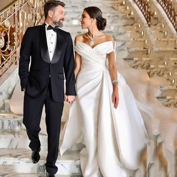 Ярко-Белое Свадебное платье С Длинным Шлейфом 2023, Атласное Платье Невесты-Русалки С Открытыми Плечами, Свадебное Праздничное Платье Vestido De Novia 16